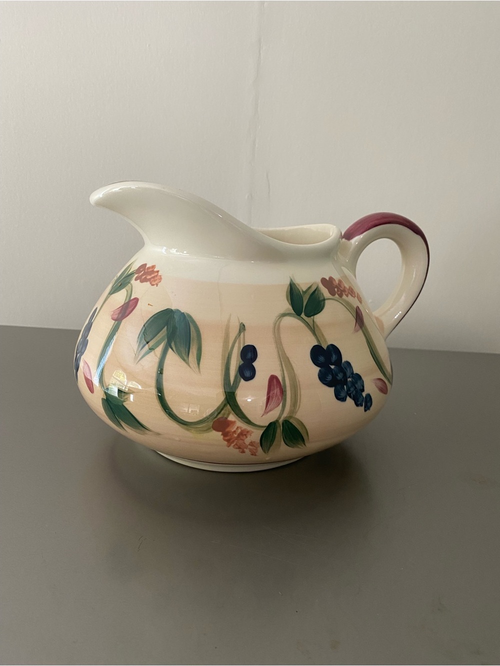 Hand-Painted Floral Ceramic Pitcher in Cream and Blue